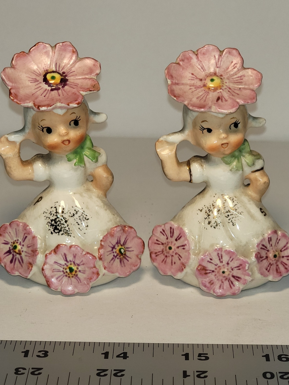 Vintage Napco October Flower Girl Salt Pepper Shakers 1C3025 Cosmos Japan Foil
